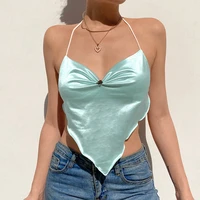 zovsv ruched satin backless y2k brown crop top sexy halter cami tops tees streetwear fashion spaghetti strap top party club