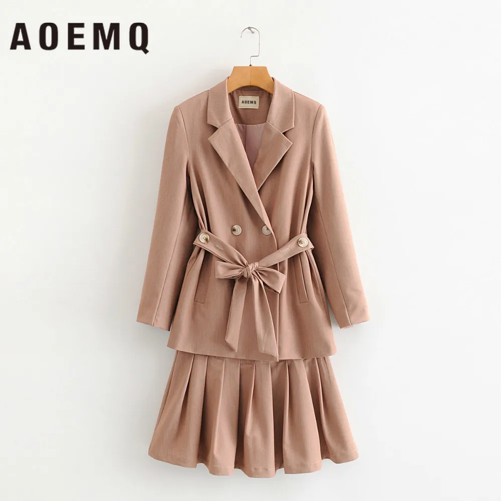 AOEMQ Модные женские комплекты блейзеры пальто и юбки деловые с бантом на шнуровке