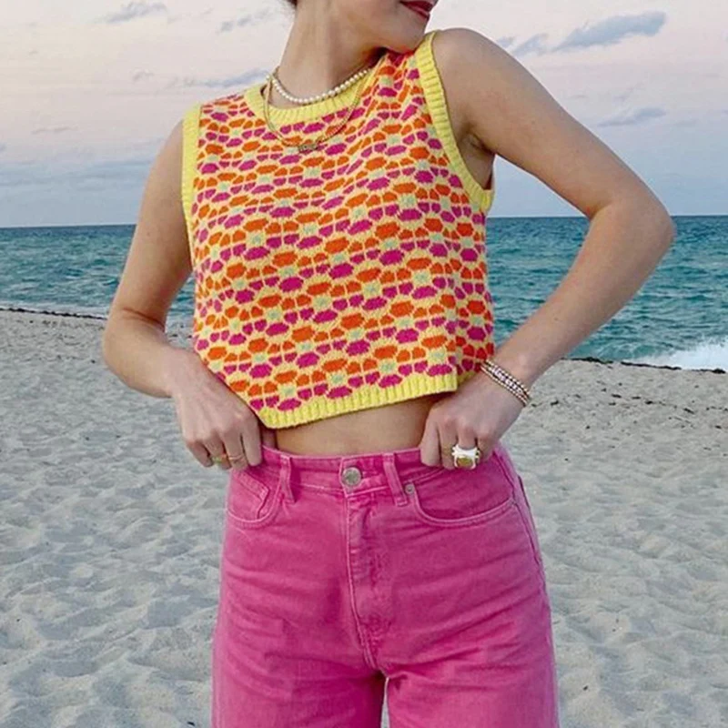 

Harajuku Print Y2K Knitted Women's Knit Tank Tops Summer Sleeveless Aesthetic Camisole Vintage Retro Crop Tee