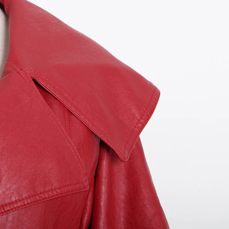 

High Quality Winter New Style Fashion Temperament Casual Suit Collar Bow Tie Short PU Leather Jacket Women