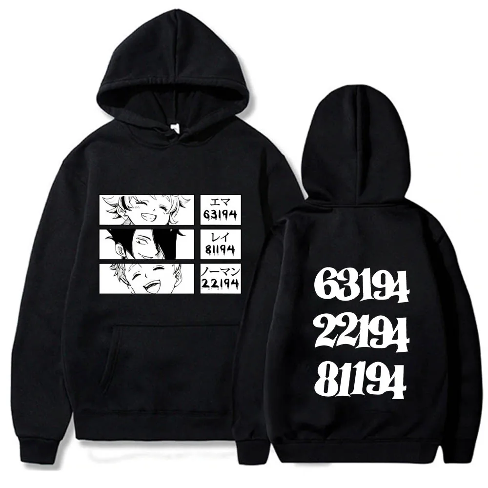 

The Promised Neverland Print Hoodies Men Anime Emma Norman Ray Sweatshirts Hooded Pockets Streetwear