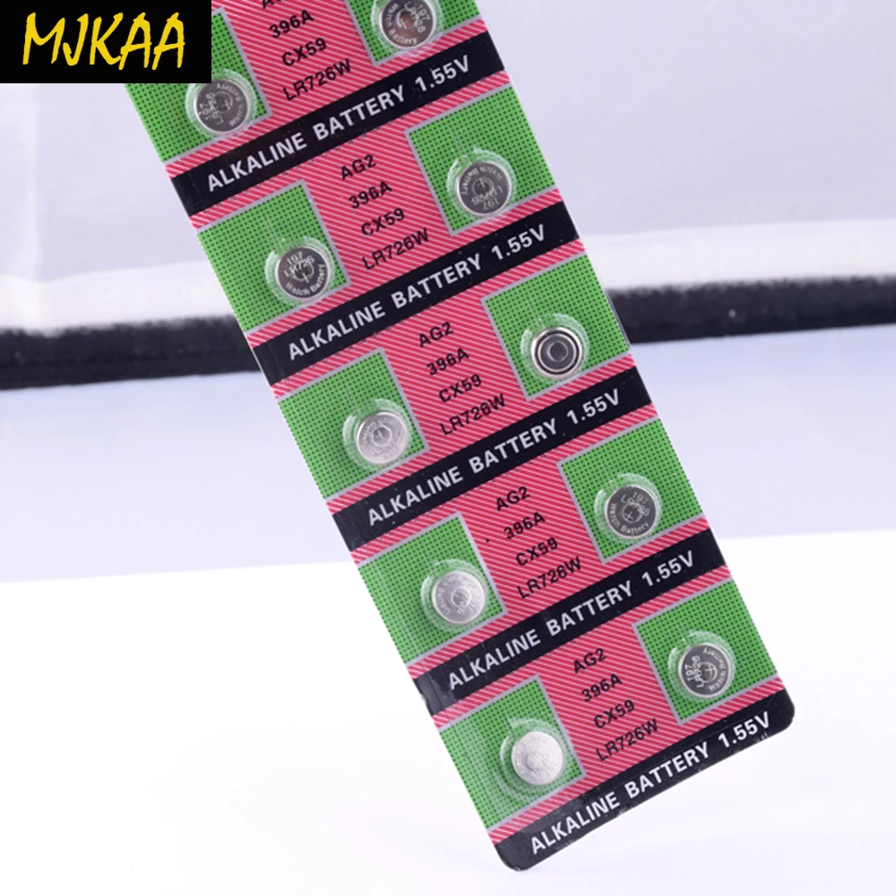 10 шт. 1,55 v AG2 щелочные батареи 196 396 536 556 607 396A 397B CX59 GP397 LR726 RW411 S30 SG2 SR726 SR726SW V397 акумуляторная батарея