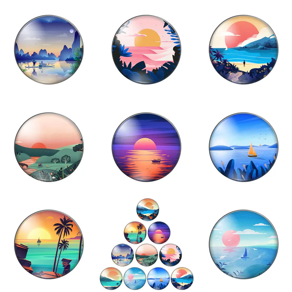 

Sunset Beach Sea Paintings 10pcs Mixed 12mm/14/16/18mm/20mm/25mm Round Photo Glass Cabochon Demo Flat Back Making Findings
