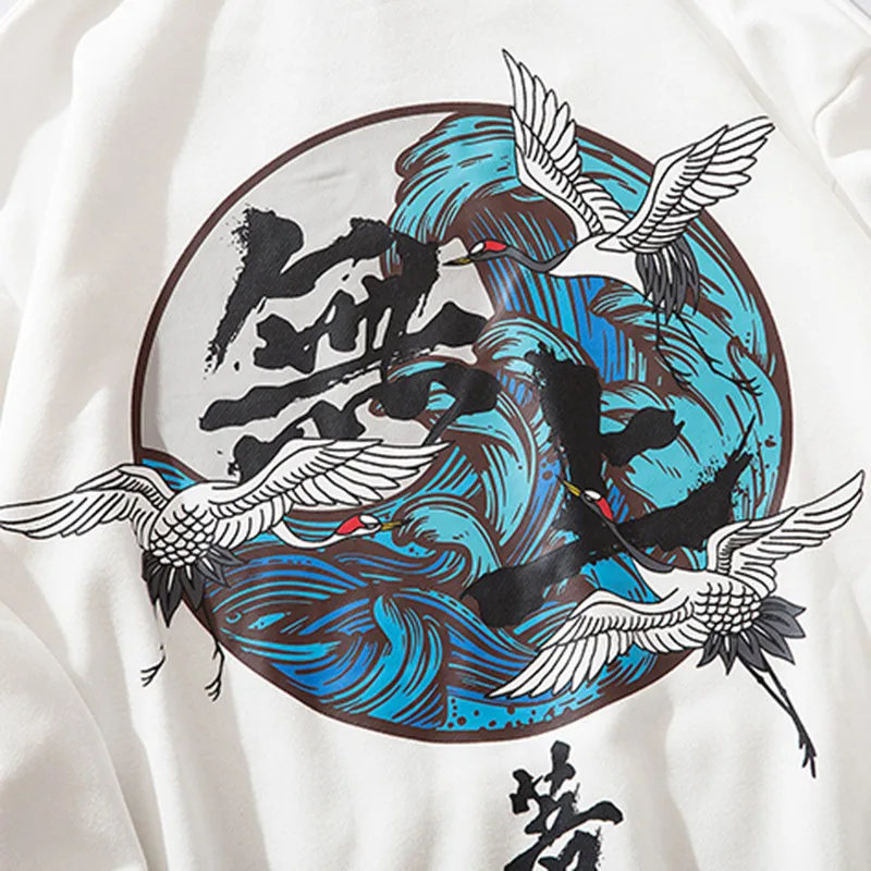 

Buddha Crane Print Hip Hop Hoodies Men Fall Harajuku Kanji Casual Sweatshirt Men Streetwear Chinese Style Black Sweatshirt Lover