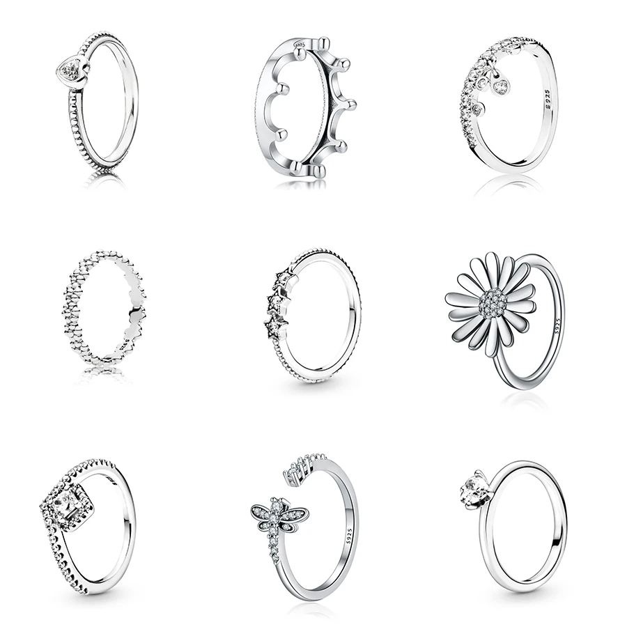 

Women 925 Sterling Silver Rings Diy Clear Heart Ring Diy Crown Fashion Chrysanthemum Ring For Women Wedding Party Jewelry