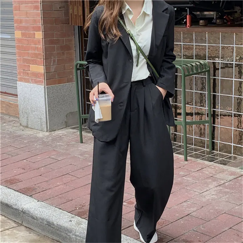 HziriP Autumn All Match Office Lady OL Style Solid Elegant Blazer+Straight Casual Loose Trouser Women Suits 2 Piece Sets