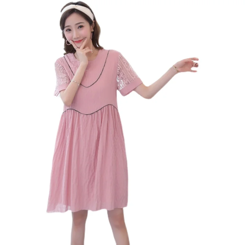 

9122# Summer Thin Pink Chiffon Patchwork Maternity A Line Dress Sweet Cute Clothes for Pregnant Women Loose Pregnancy Clothing