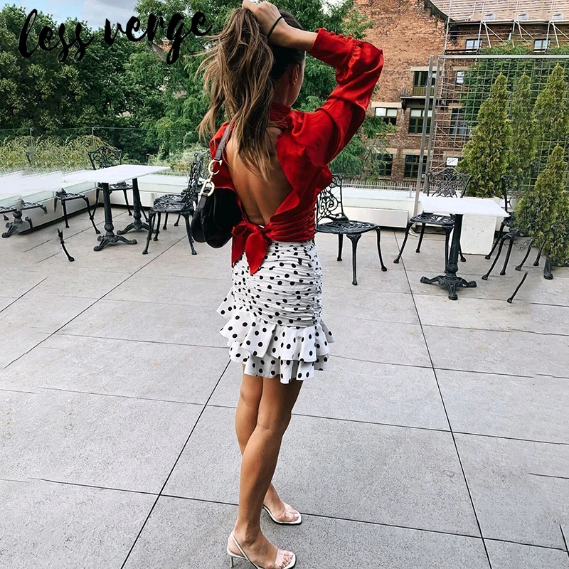 Lessverge Polka dot ruffle white asymmetrical skirt Women casual bodycon high waist skirt Autumn elegant party mini skirt bottom