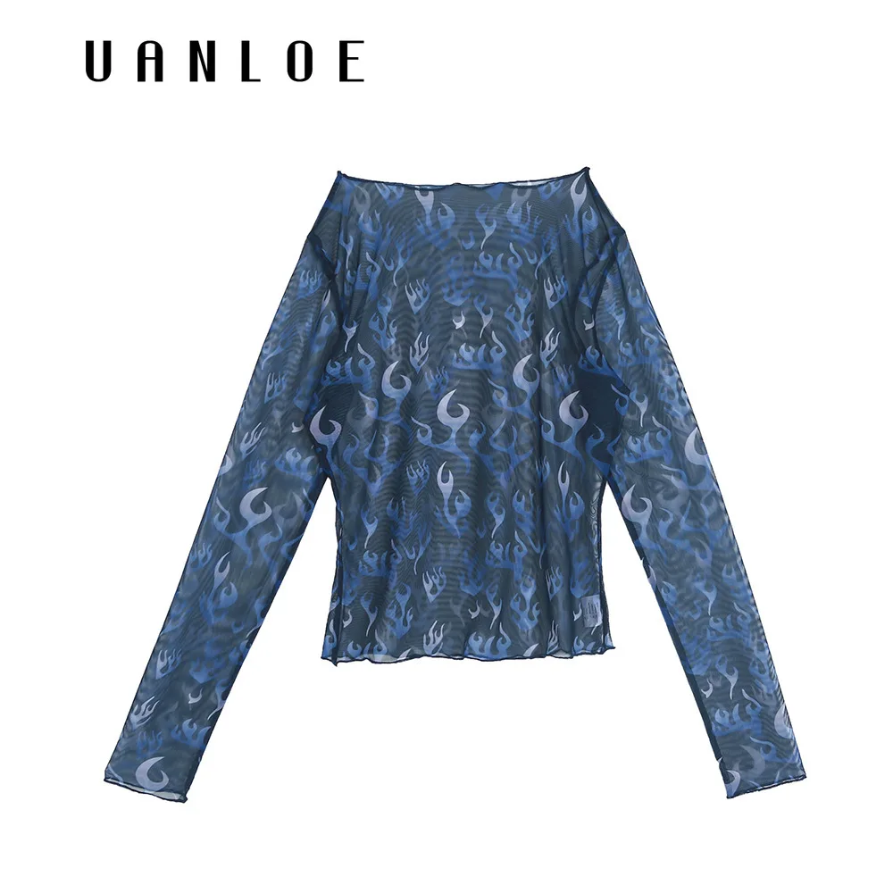 2020 Новая женская сексуальная Сетчатая футболка с длинным рукавом голубым