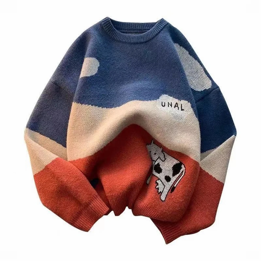 

Винтажный свитер TSINGYI из коровьей кожи для мужчин и женщин, сезон осень-весна, мультяшное облако, дерево, коровы, полированный свитер с кругл...