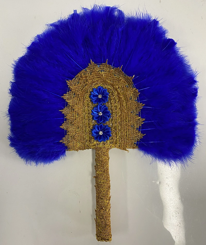 Африканский ручной веер с перьями на заказ свадебный синими цветами для танцев