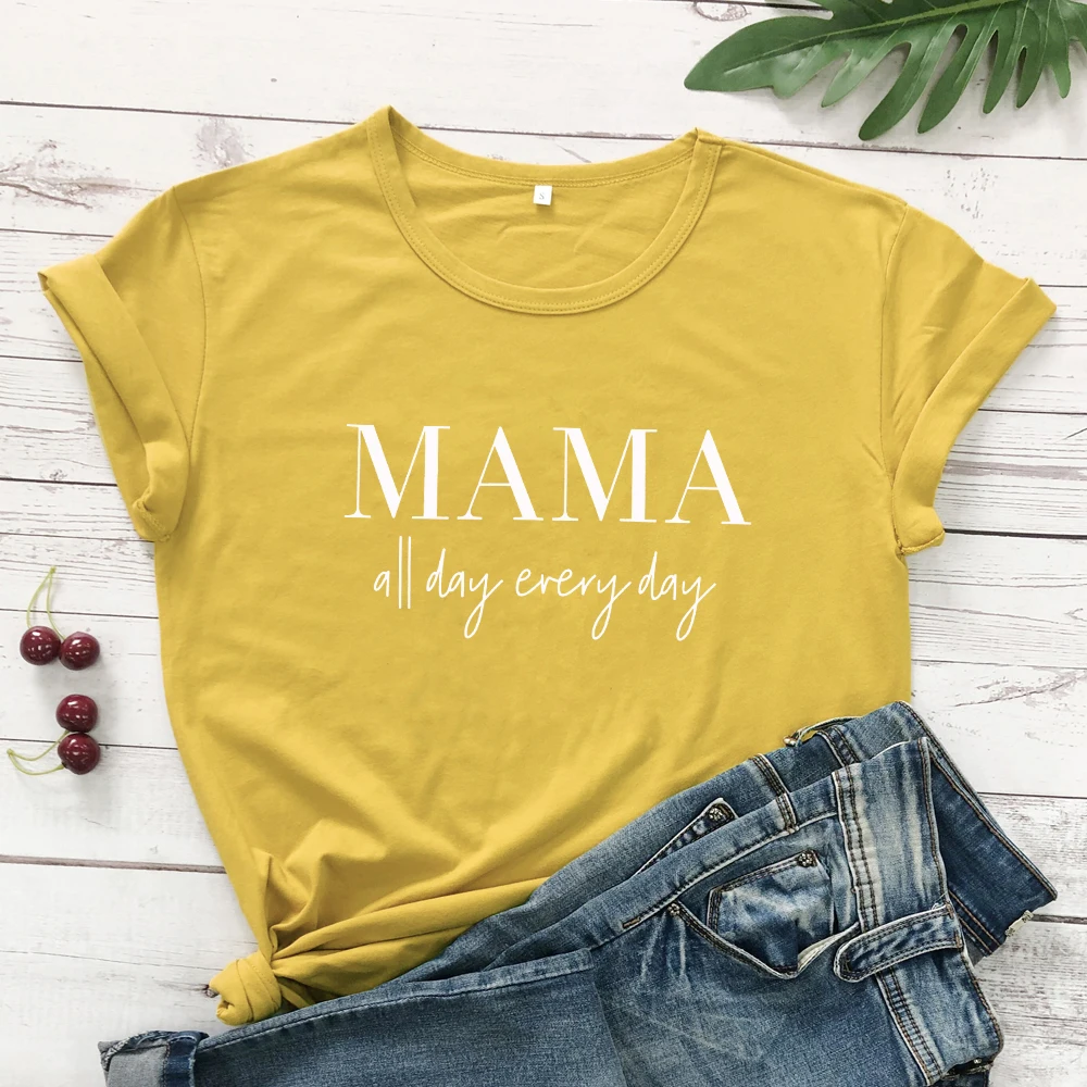 mustard-white text MAMA All Day each футболка смешная женская из чистого хлопка Tumblr мама жизнь, подарок футболка Повседневная С буквенным принтом слоган футболки топы размера плюс - Цвет: mustard-white text
