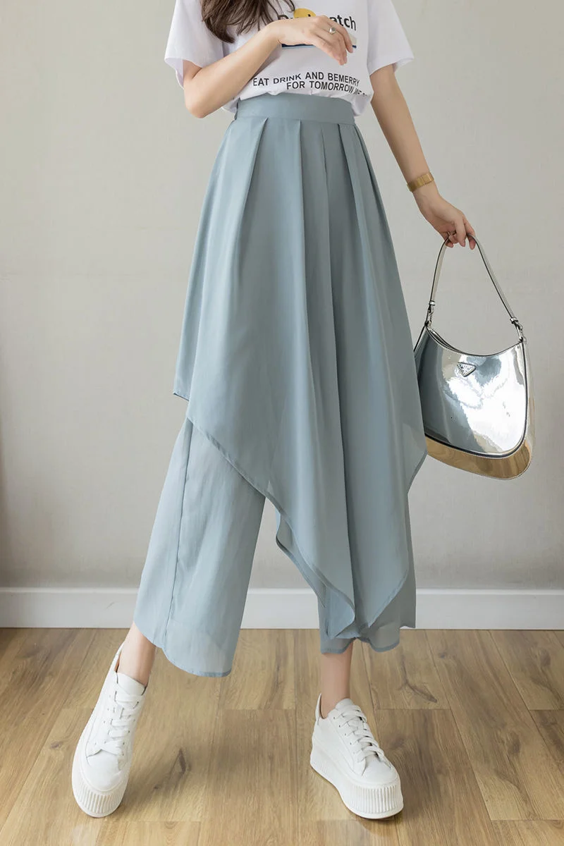 

Summer 2021 new irregular Chiffon wide leg pants Korean elastic waist casual pants quarter skirt 1036#