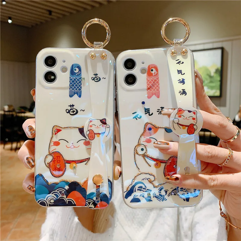 

Cartoon Lucky Cat Fancy Diamond Soft TPU Phone Case For iPhone 11 12 pro x xs max xr 7 8 plus Blu-Ray Wristband Soft Cover