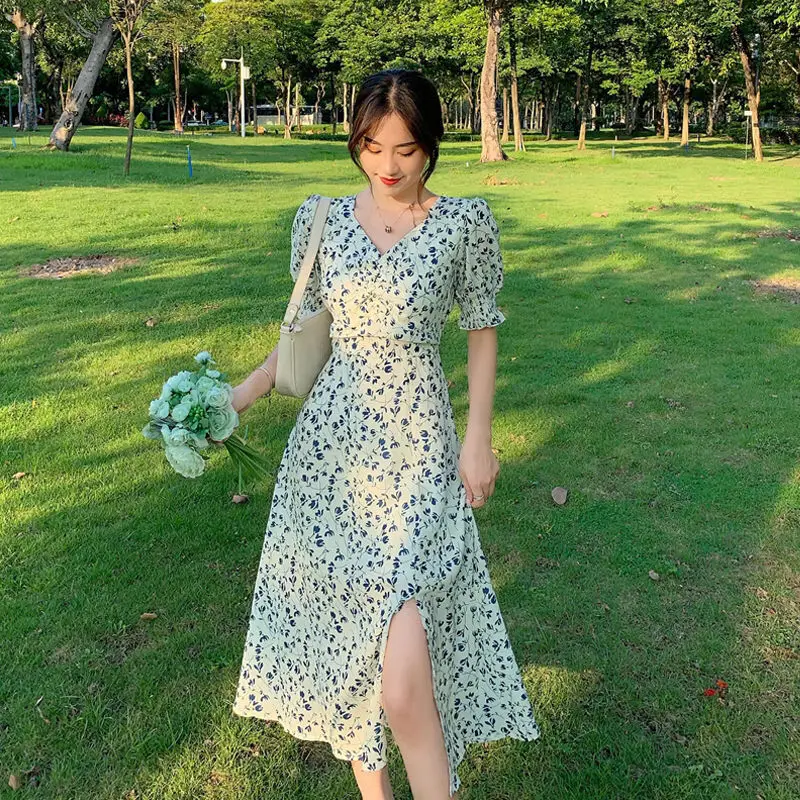 

Summer Floral Dress Women French Vintage Retro Split Dress Sexy Office Lady Casual Slim Fit Designer Fairy Mini Dress 2021 New