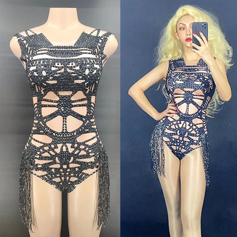 

Sexy Rhinestone Bodysuit For Female Singer Costume Fringes High-Leg Jumpsuit Pole Dance Clothing Nightclub Rave Clothes vdb2287