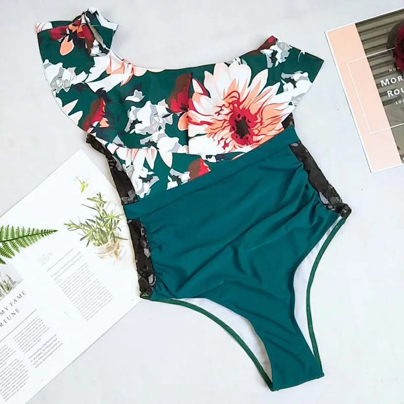Swimsuit 2020 One Piece Ruffle Swimwear Women Bathing Suit Monokini Summer Shoulder Print Lace Ruched Mesh Swim XL | Спорт и