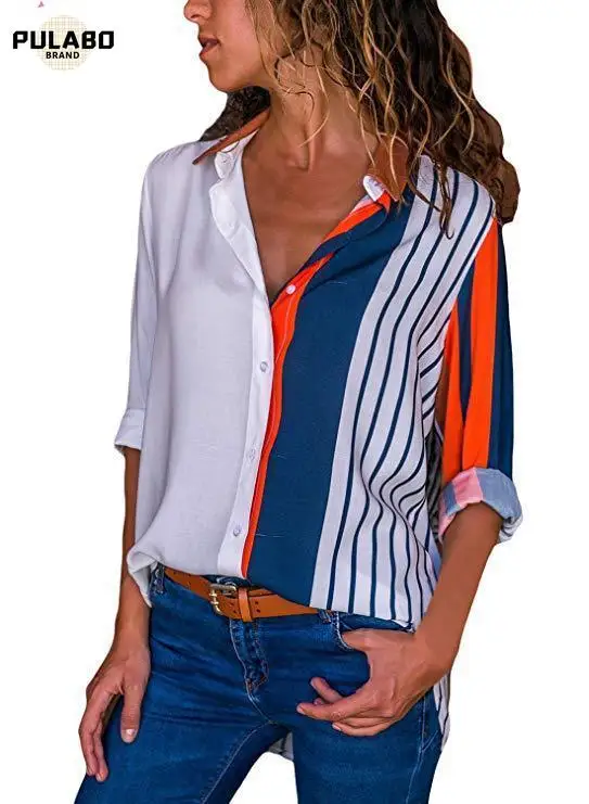 

Fashion Wave Striped Patckwork Blouse Women Shirts Long Sleeve Color Block Ladies Tops Casual Loose Shirt Blusas Femme