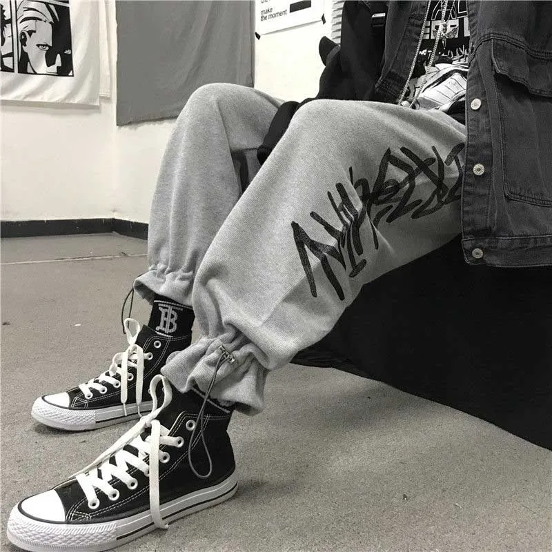 Брюки NiceMix с высокой талией прямые свободные уличные штаны карманами и надписями