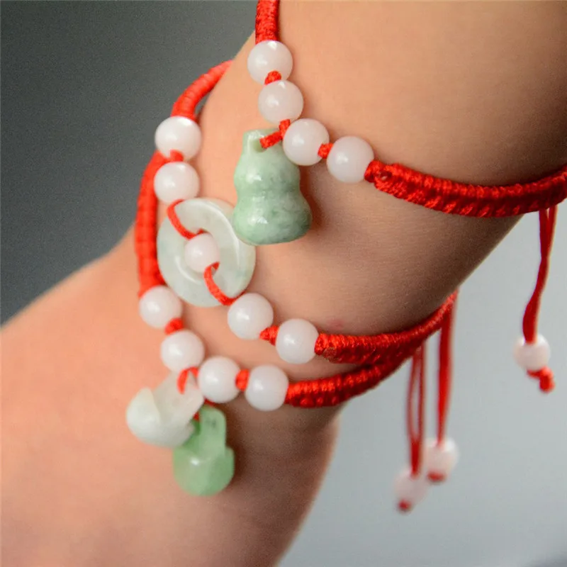Китайский Восточный зеленый с бусинами красная веревка счастливый браслет