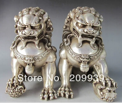 Бесплатная доставка китайская Серебряная бронза Fu Foo Dog Guardian статуя льва пара |