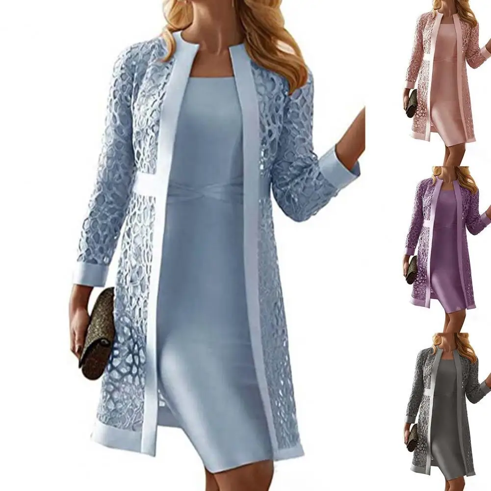 

Plus Size Women Outfit Solid Color Lace Cardigan Long Sleeve Knee-length Dress Coat Set Office Fashion Elegant Dress Sets