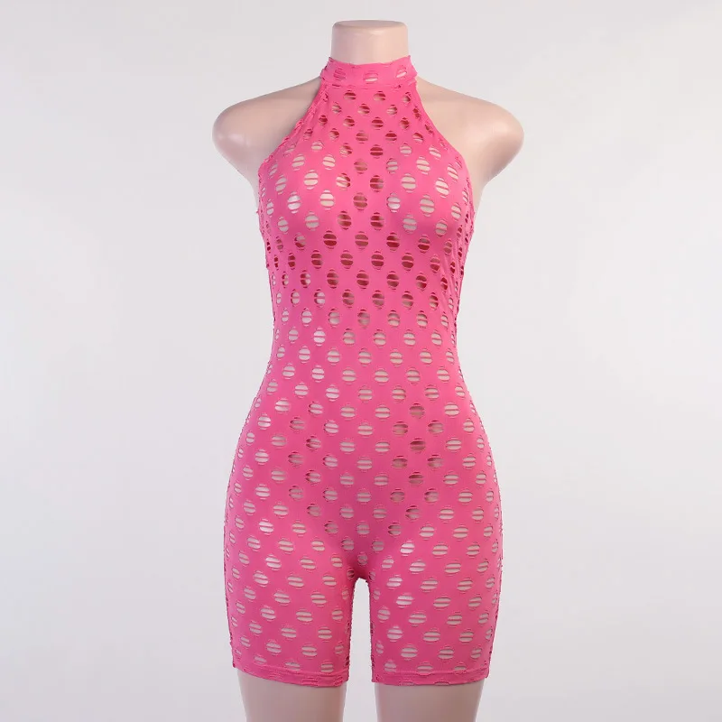 

Hollow Out Short Jumpsuit Women Sexy See Though Sleeveless Skinny One piece Overall Bodycon Romper Net Pattern Pink Playsuits