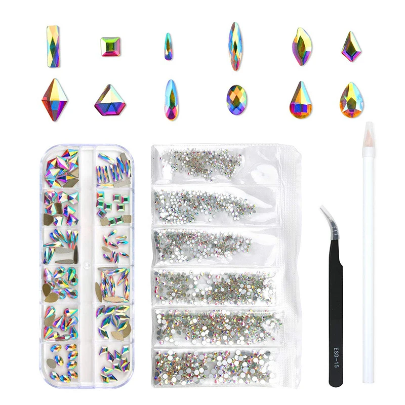 

120pcs Multi Shapes Glass Crystal AB Rhinestones For Nail Art Craft Mix 12 Style Flat Back Crystals 3D Decorations Gems Set