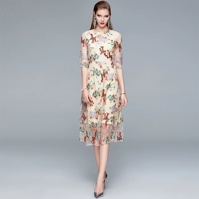 

JSXDHK Brand Designer Women Party Dress 2020 New Arrival Autumn Mesh Flower Embroidery O Neck Midi Dress Fashion Tulle Dress