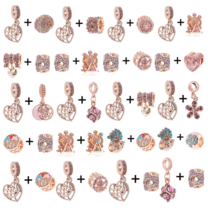 

2Pcs/Lot New Design Rose Gold Pink Love Tree Pendants DIY European Style Brand Bowlnot Charm Bracelet For Women Jewelry Making