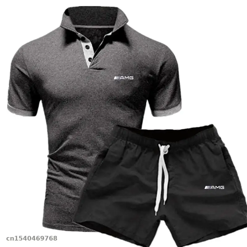 

2021 Track Suit Men Polo T Shirt + Shorts Set Casual Solid Jersey fit for amg Fitness Sportsuits Set