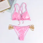 Мосша треугольник розовый бикини набор с золотыми цепочками 2020 новый высокий крой купальники женские стринги спинки Купальник женский сексуальный бикини