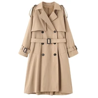 large size autumn winter elegant women double breasted solid trench coat vintage turn down collar loose trench with belt black