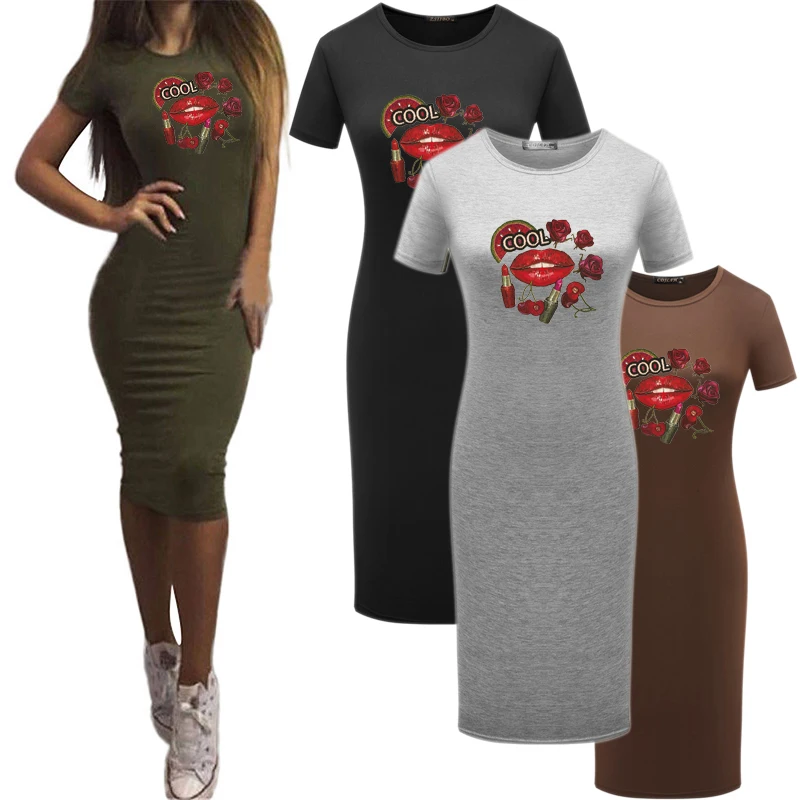 

Women Sexy Bodycon Dress Red Lips Print Kobieta Sukienka Short Sleeve Club Party Skinny Elegant Party Night Thin Dresses