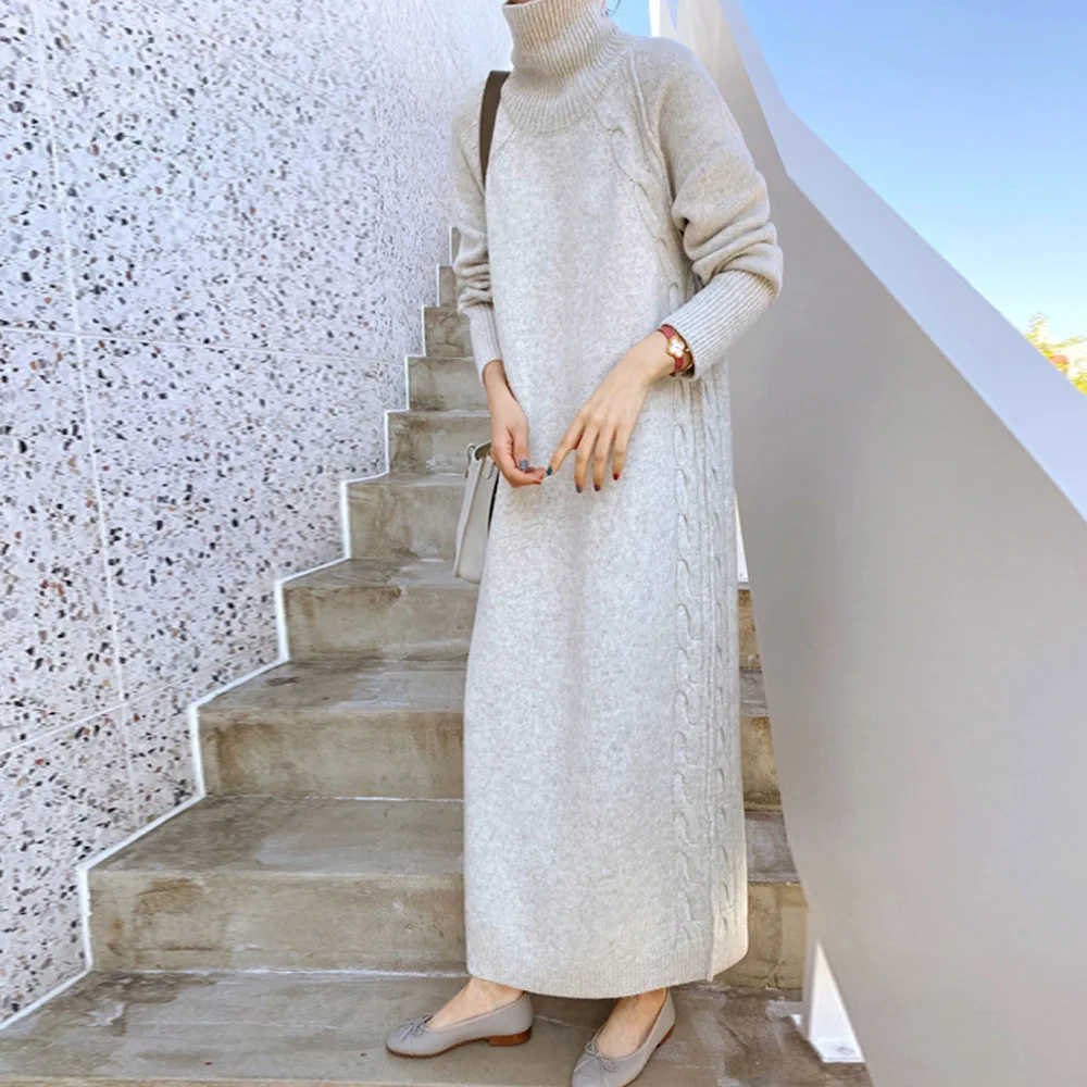 

2021 Autumn Winter Turtleneck Sweater Dress Solid Color Fashion Casual Loose Simplicity Long Sleeve Knitting Women Dress