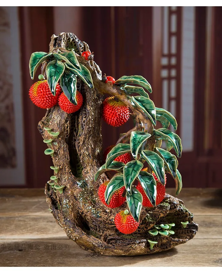 

Редкая старая керамическая статуя Shiwan печи, украшение личи, полноразмерное керамическое украшение с красными фруктами