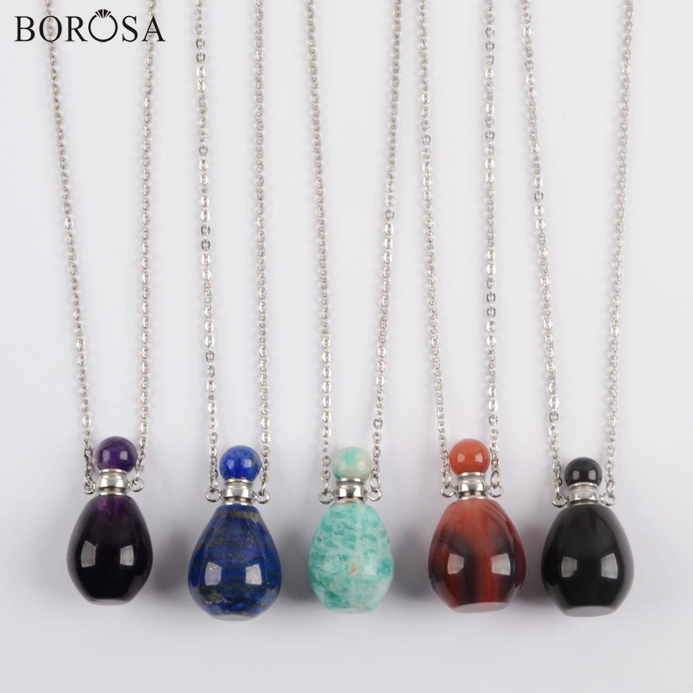 

BOROSA Silver Plated Amazonite Agates Essential Oil Bottle Pendant Necklace Natural Gems Stones Perfume Bottle Necklace WX1608