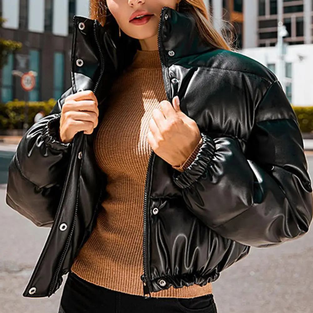 Comfy  Casual Solid Color Stand Collar Thick Jacket Women Winter Coat Stand Collar   for Daily Wear