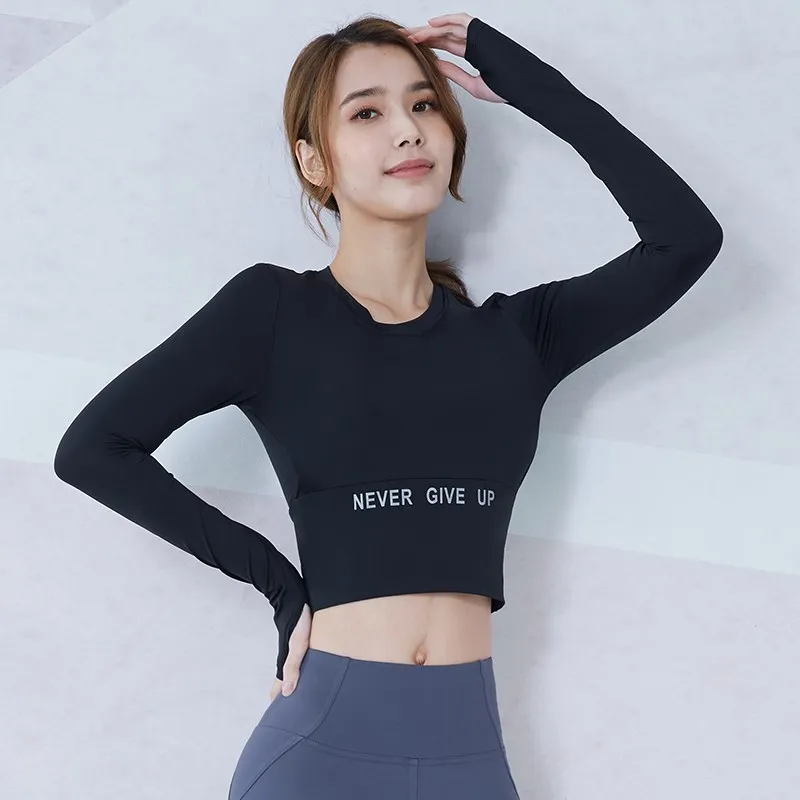 

Vansydical Padded Gym Workout Long Sleeved Tops Women Letters Running Cropped Shirts Sexy Exposed Navel Yoga T-Shirts