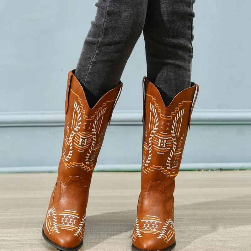 

New Fashion Autum Women Knee High Boots Mid-Calf Heels Cowboy Boots Women Pointed Toe Shoes Female Winter Sleeve Boots Plus Size