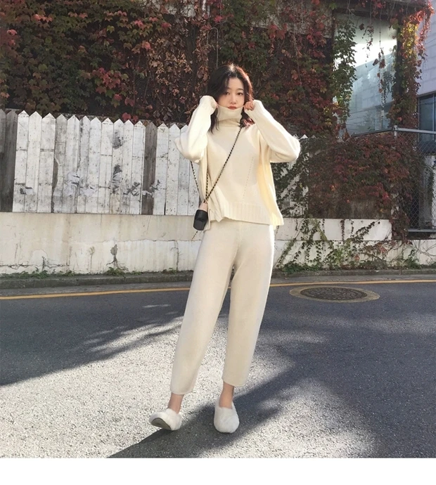 New arrival Autumn winter Knitted Tracksuit Turtleneck Sweatshirts for Women Suit Clothing 2 Pcs Set Knit top Pants suit Female