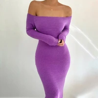 autumn and winter slim solid color dress 2021 ladies sexy off shoulder long sleeved slim stretch tight fitting long skirt