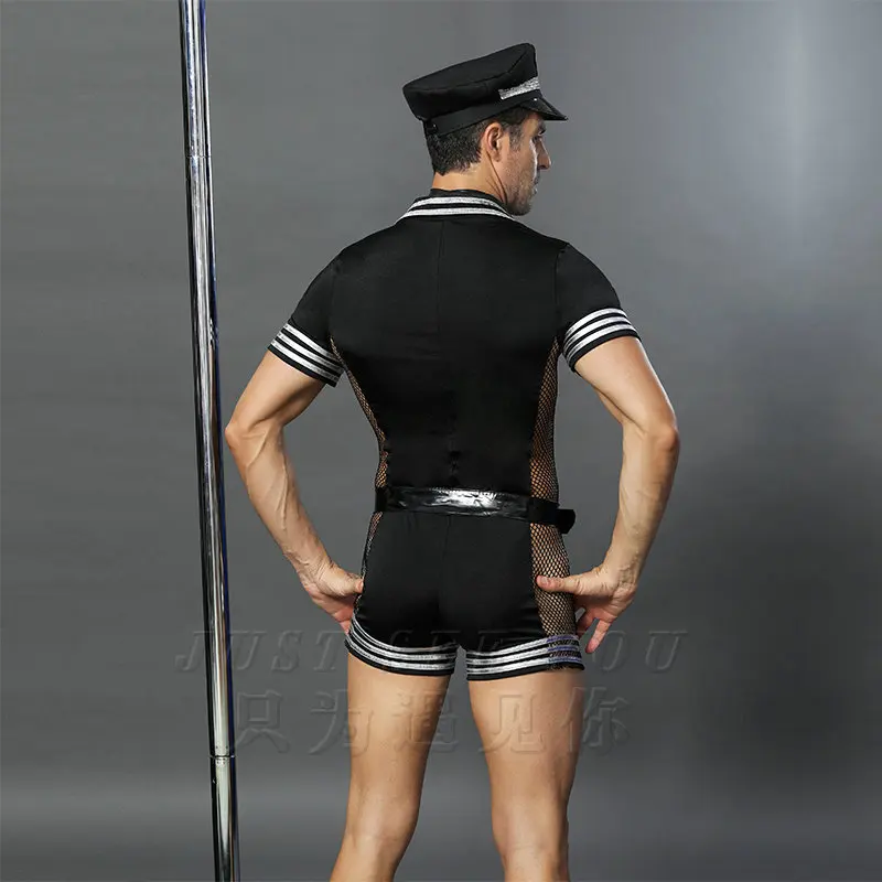 

Sexy Men Costume Policemen Sailor Cosplay Hollow Out Lingerie Erotic Policeman 4-Piece Uniform Bodysuit Hat Bow Tie Belt