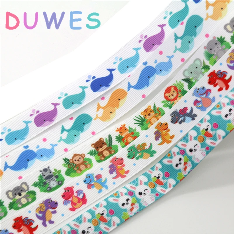 

DUWES 50yards whale animals dinosaur rab Printed Grosgrain Ribbon Accessory hairbow headwear decoration Wholesale DIY OEM D1109