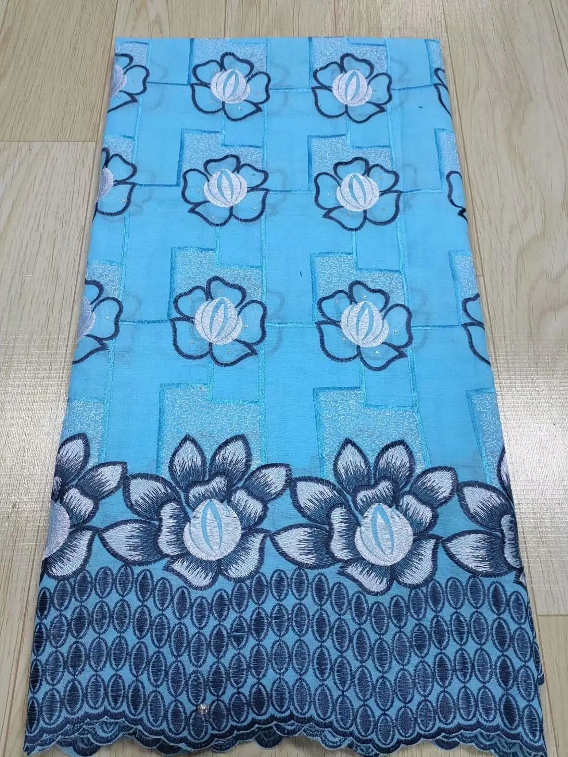 

Blue Flower LACE 100% Cotton African Dry Lace Fabric With Rhinestones High Quality Swiss Voile In Switzerland Nigeria Lace Party