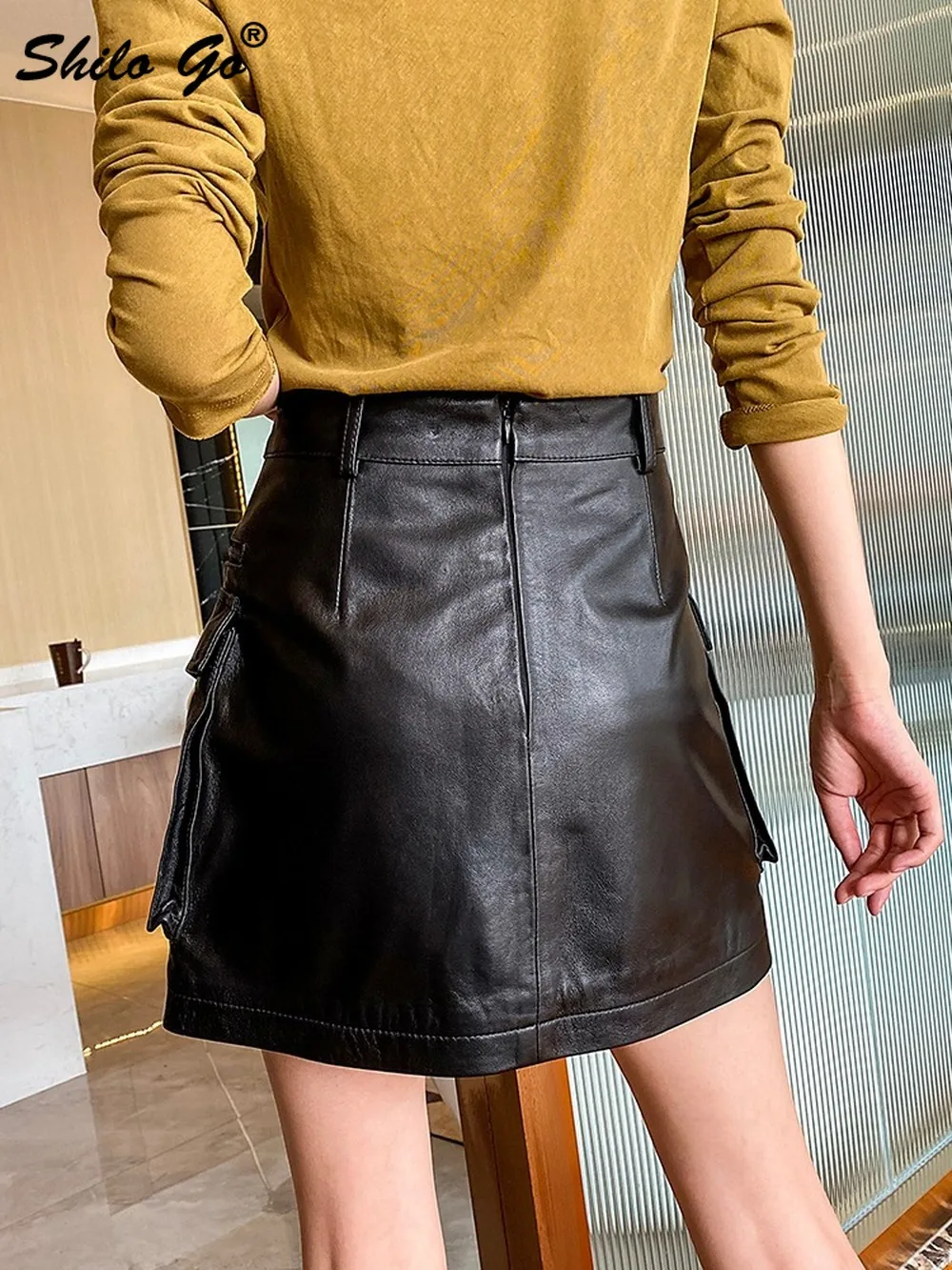

Safari Style Pockets Deail High Waist A Line Mini Skirts Womens Streetwear Casual Solid Genuine Leather Skirts Sheepskin Skirt
