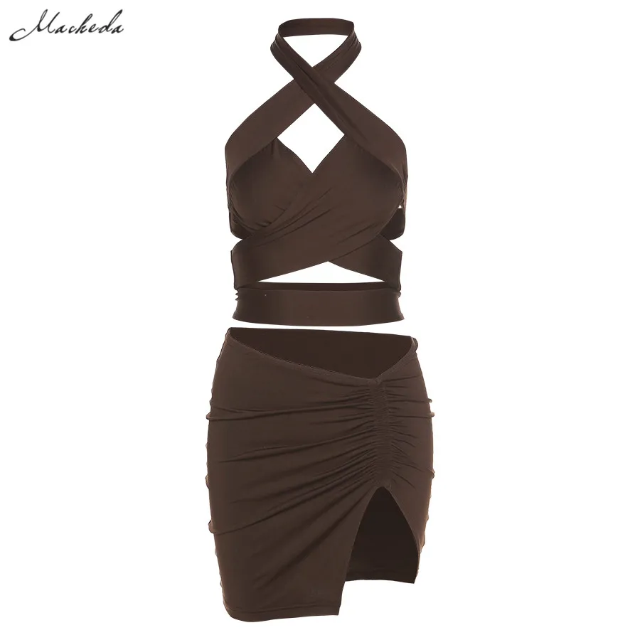 

Sexy Solid Slim Two Pieces Set Women Sleeveless Halter Hollow Out Lace Up Top And High Waist Skirt Outfit 2021 Fashion