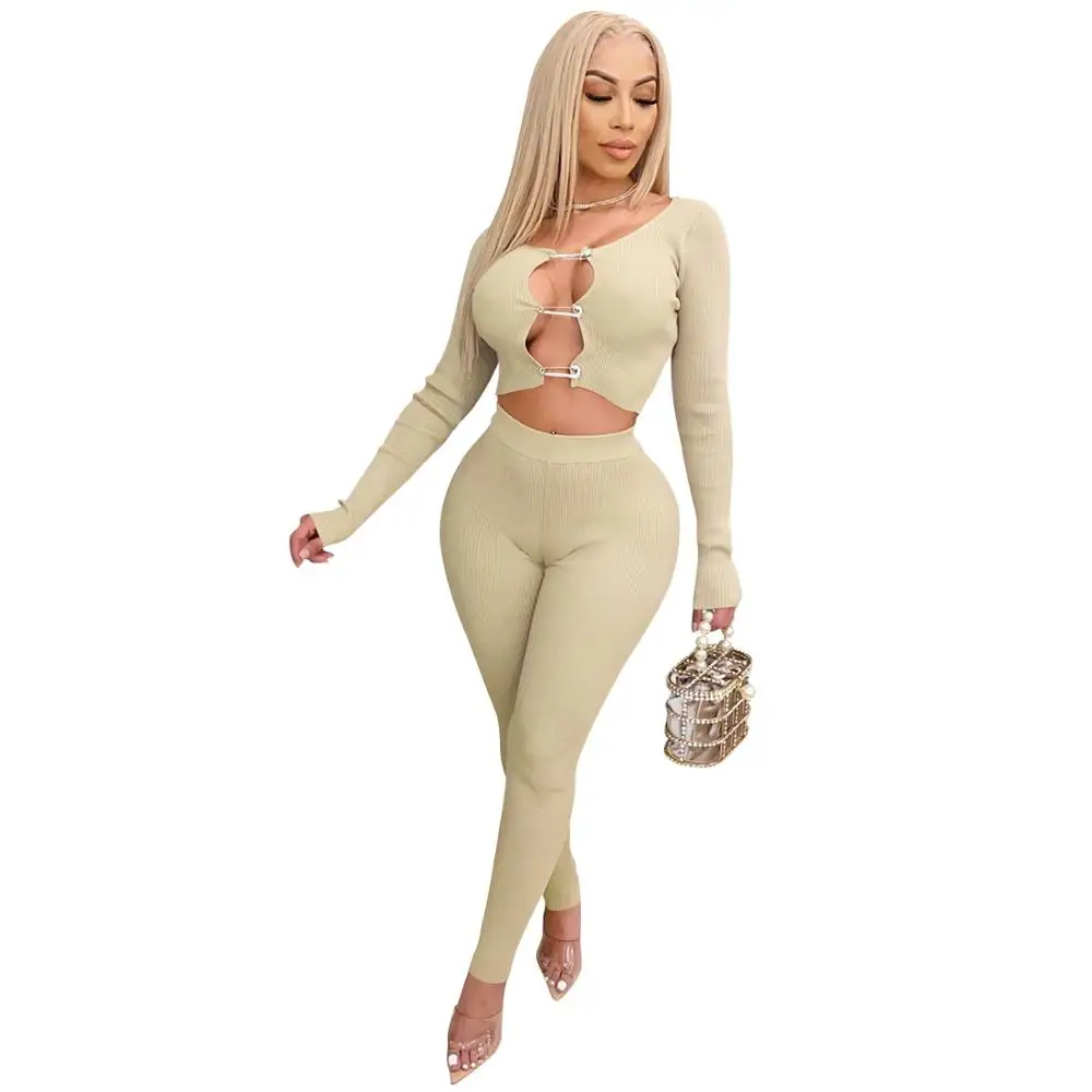 

Sexy Women Two Piece Set Knit Ribbed Crop Top + Long Pants Joggers Party Night Clubwear Clothes For Women