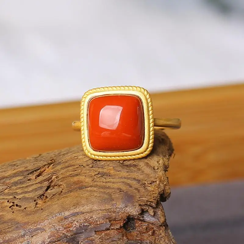 

Natural Enamel porcelain chalcedony opening adjustable ring Chinese court style exquisite unique gold craft women's jewelry