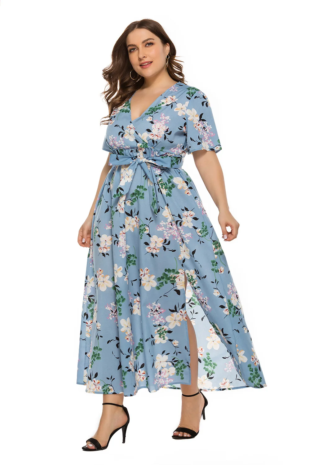 

Floral Dress Plus Size Women's Dress With Slit In The Leg Bohemian Long Skirt Maxi V-Neck Short-Sleeve Tie With Printed Slim